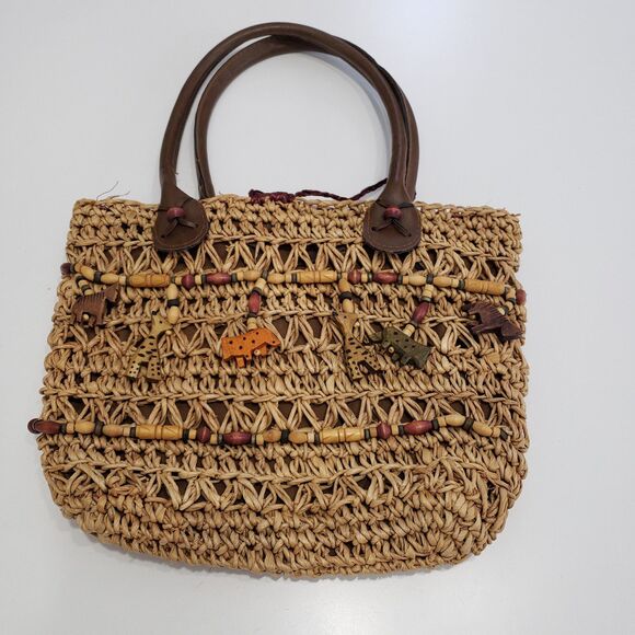 Cute Woven Woman's Satchel / Purse with Carved Animal Decor, Approx. 10 x 9 x 4 - Picture 7 of 7